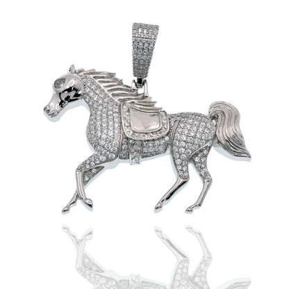 925 Sterling Silver Rhodium Plated Iced Out Horse Clear CZ 42mm x 30mm Pendant