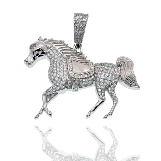 925 Sterling Silver Rhodium Plated Iced Out Horse Clear CZ 42mm x 30mm Pendant