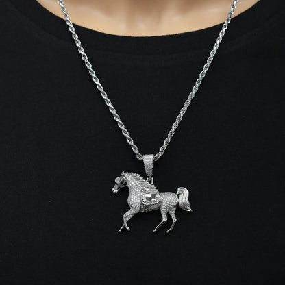 925 Sterling Silver Rhodium Plated Iced Out Horse Clear CZ 42mm x 30mm Pendant