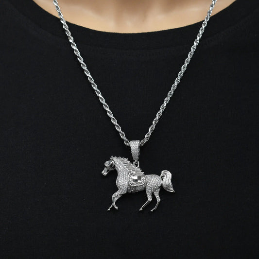 925 Sterling Silver Rhodium Plated Iced Out Horse Clear CZ 42mm x 30mm Pendant