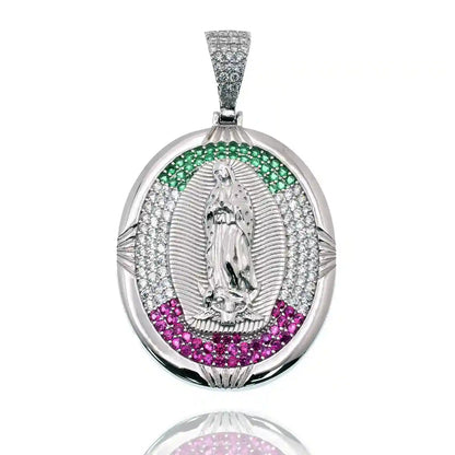 925 Sterling Silver Rhodium Plated Our Lady of Guadalupe Multicolor CZ Iced Out 28mm x 35mm Pendant