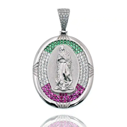 925 Sterling Silver Rhodium Plated Our Lady of Guadalupe Multicolor CZ Iced Out 28mm x 35mm Pendant