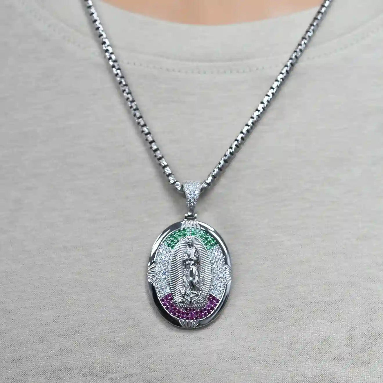 925 Sterling Silver Rhodium Plated Our Lady of Guadalupe Multicolor CZ Iced Out 28mm x 35mm Pendant