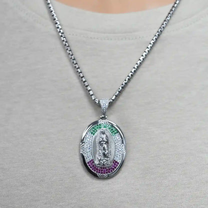 925 Sterling Silver Rhodium Plated Our Lady of Guadalupe Multicolor CZ Iced Out 28mm x 35mm Pendant