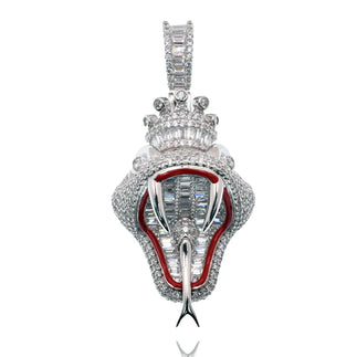 925 Sterling Silver Rhodium Plated Iced Out King Viper Snake Red Enamel Clear CZ 23mm x 38mm Pendant
