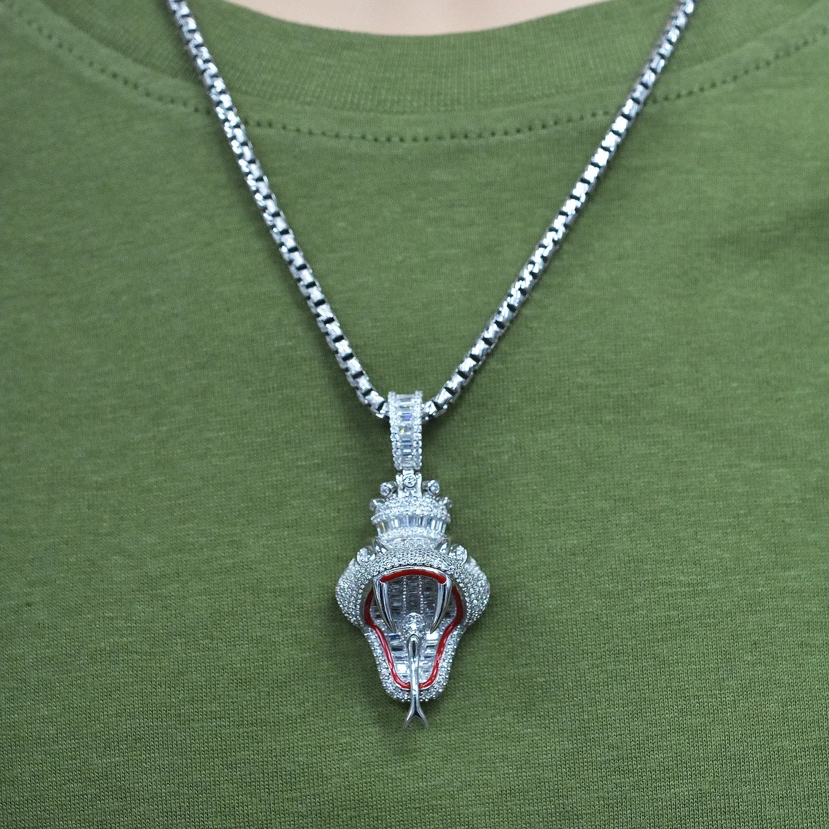 925 Sterling Silver Rhodium Plated Iced Out King Viper Snake Red Enamel Clear CZ 23mm x 38mm Pendant