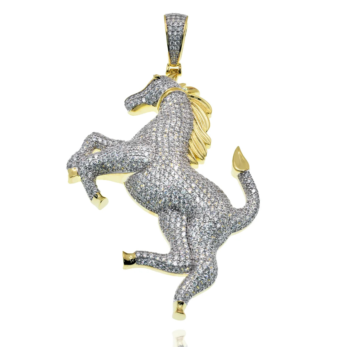 925 Sterling Silver Two-Tone Plated Iced Out Horse 53mm x 65mm Pendant