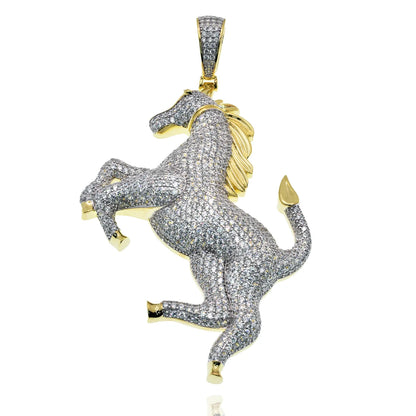 925 Sterling Silver Two-Tone Plated Iced Out Horse 53mm x 65mm Pendant
