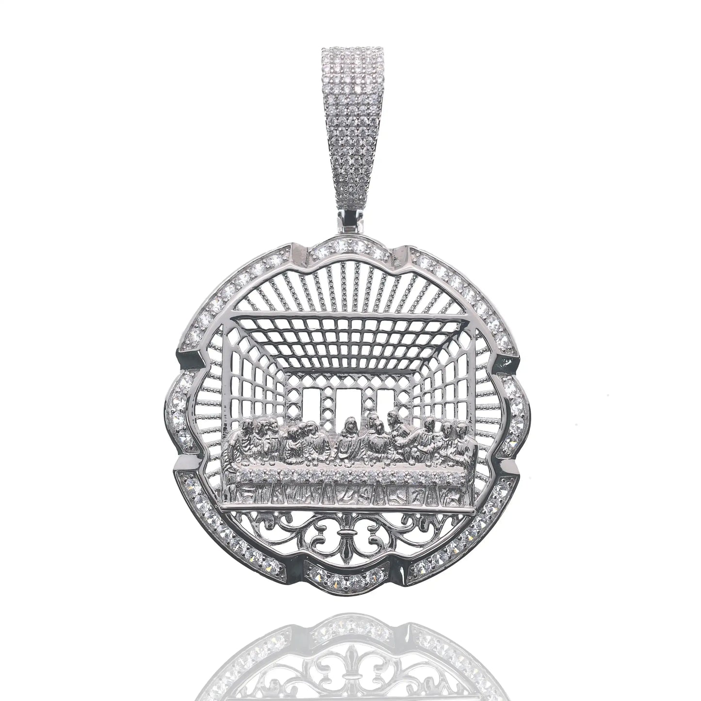 925 Sterling Silver Rhodium Plated Last Supper Clear CZ 41mm Pendant