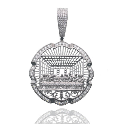 925 Sterling Silver Rhodium Plated Last Supper Clear CZ 41mm Pendant