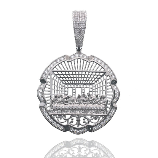 925 Sterling Silver Rhodium Plated Last Supper Clear CZ 41mm Pendant