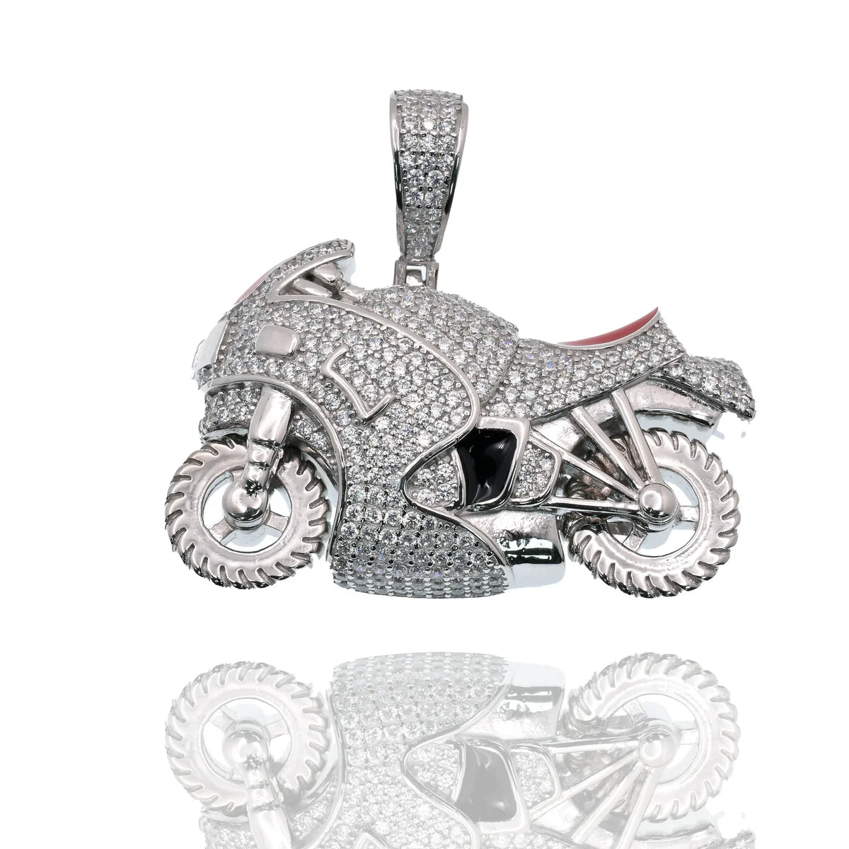 925 Sterling Silver Rhodium Plated Motorcycle Red Enamel Iced Out Clear CZ 39mm x 25mm Pendant