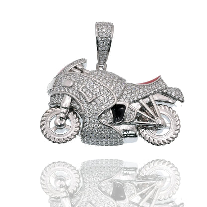 925 Sterling Silver Rhodium Plated Motorcycle Red Enamel Iced Out Clear CZ 39mm x 25mm Pendant