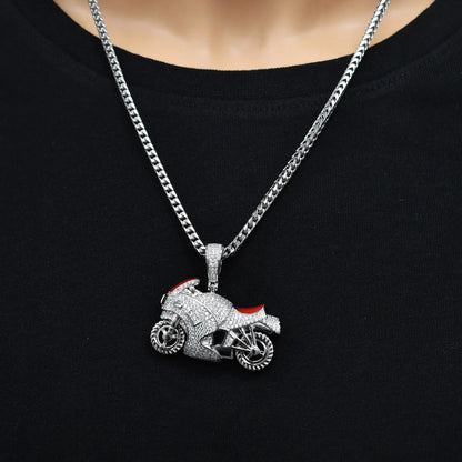 925 Sterling Silver Rhodium Plated Motorcycle Red Enamel Iced Out Clear CZ 39mm x 25mm Pendant