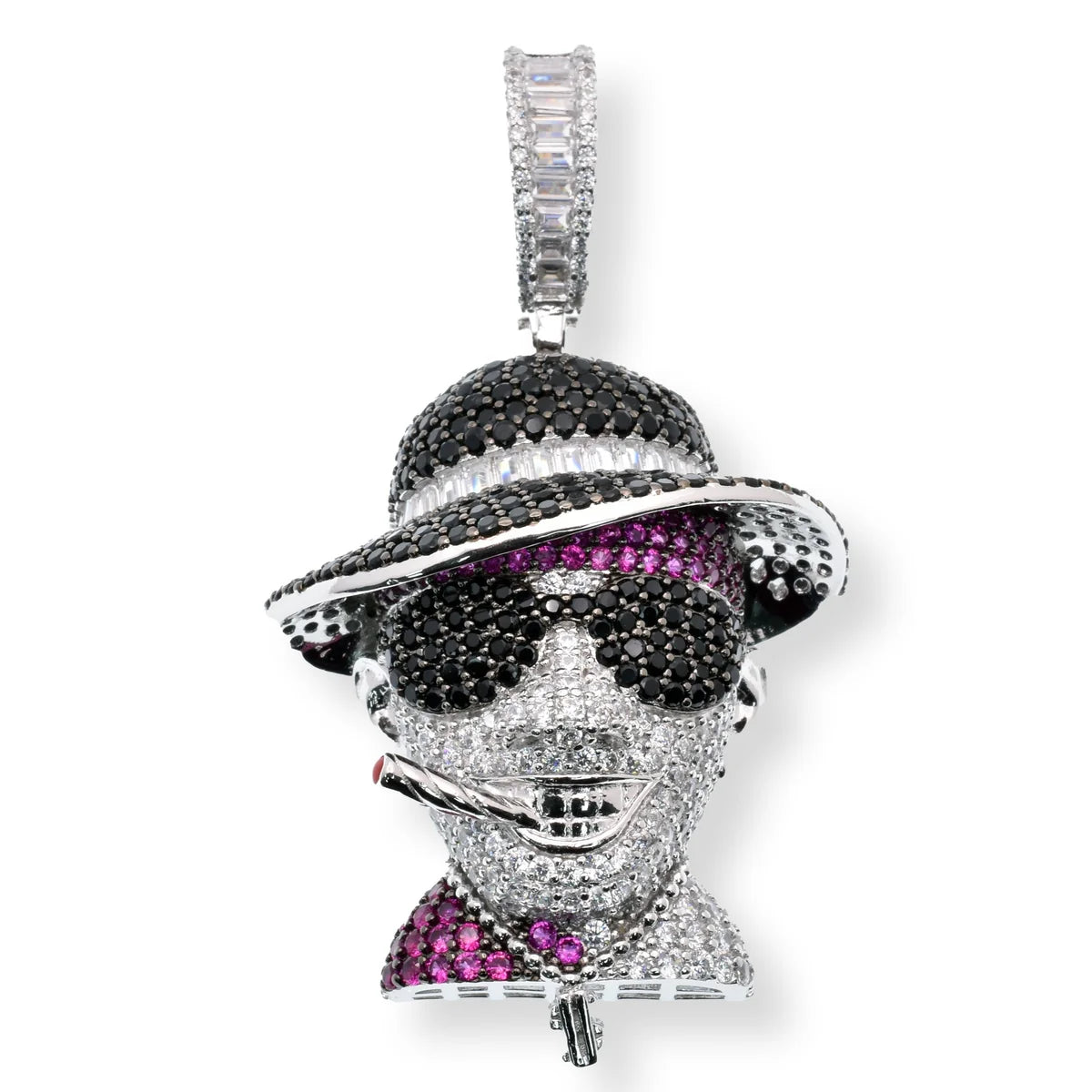 925 Sterling Silver Rhodium Plated Mafia Smoking Cigar Baguette and Round Black Pink and Clear CZ 32mm x 39.7mm Pendant