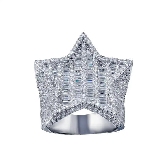 925 Sterling Silver Rhodium Plated CZ Encrusted Star Ring
