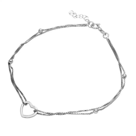 925 Sterling Silver Rhodium Plated Double Strand Open Heart Anklet