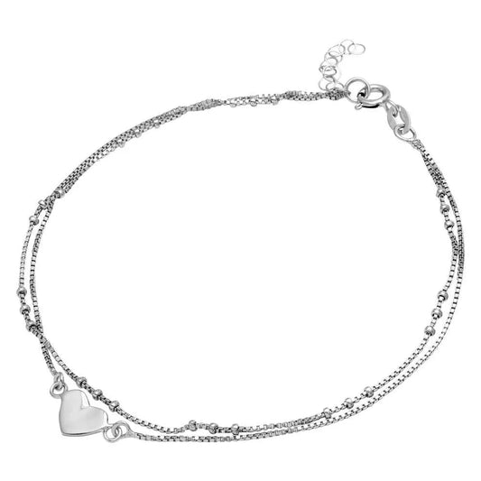 925 Sterling Silver Rhodium Plated Double Strand Heart Anklet