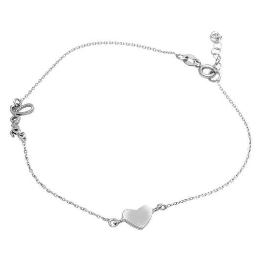 925 Sterling Silver Rhodium Plated Love and Heart Anklet