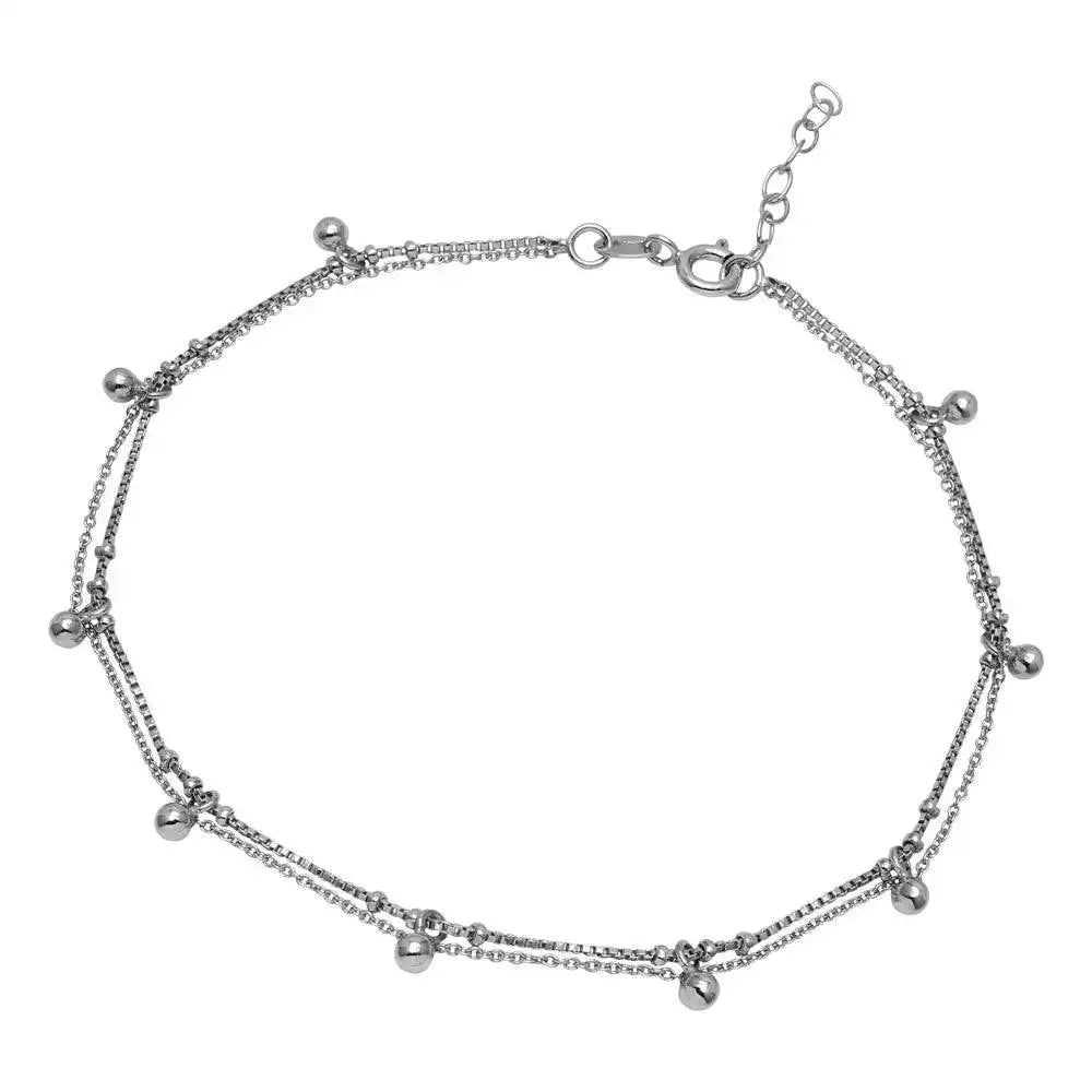 925 Sterling Silver Rhodium Plated Multi Bead Anklet