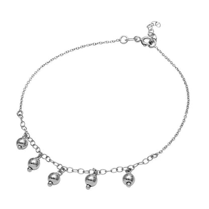 925 Sterling Silver Rhodium Plated 5 Dangling Bead Anklet
