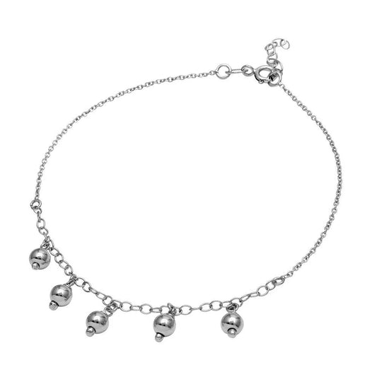 925 Sterling Silver Rhodium Plated 5 Dangling Bead Anklet