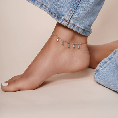 925 Sterling Silver Rhodium Plated 5 Dangling Bead Anklet