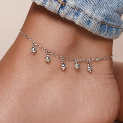 925 Sterling Silver Rhodium Plated 5 Dangling Bead Anklet
