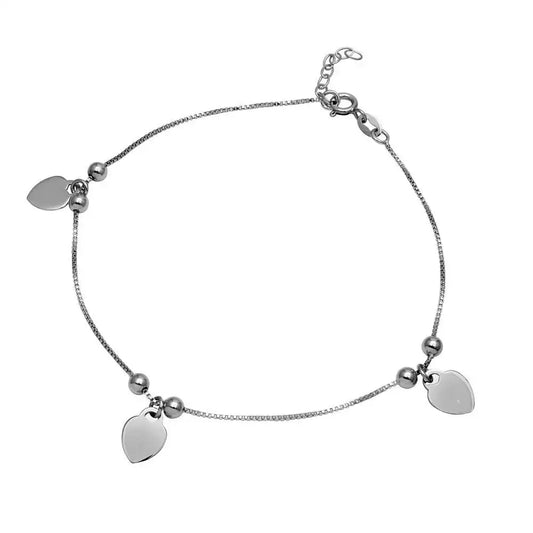 925 Sterling Silver Rhodium Plated Heart and Bead Anklet