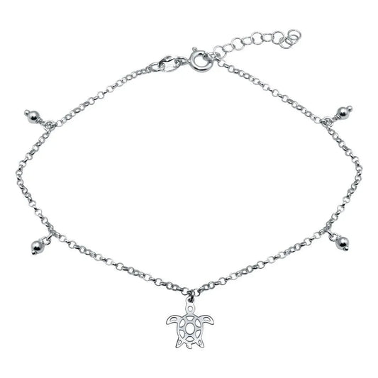 925 Sterling Silver Rhodium Plated Turtle Charm Anklet