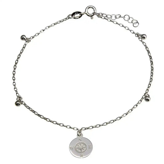 925 Sterling Silver Rhodium Plated Compass Disc with Dangling Beads Anklet