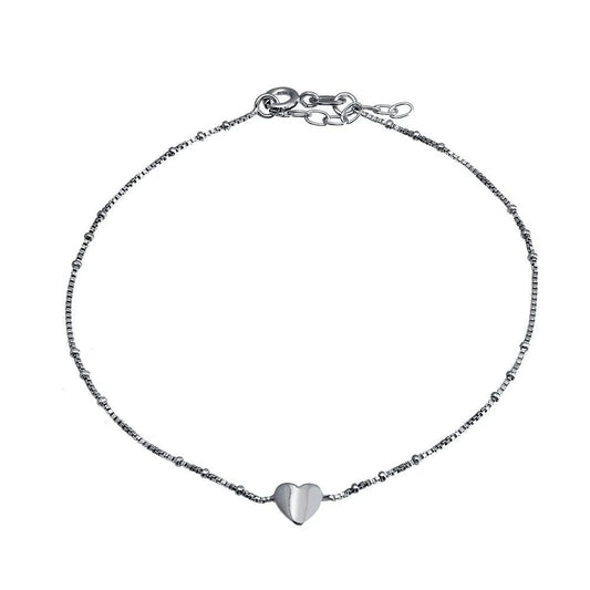 925 Sterling Silver Rhodium Plated Folded Heart Beaded Box Chain Anklet