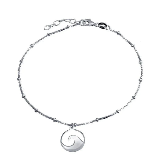 925 Sterling Silver Rhodium Plated Disc Wave Design Beaded Box Chain Anklet