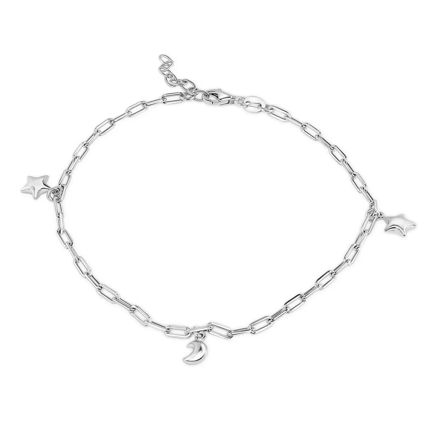 925 Sterling Silver Rhodium Plated Paperclip Chain Stars and Moon Charm Adjustable Anklet