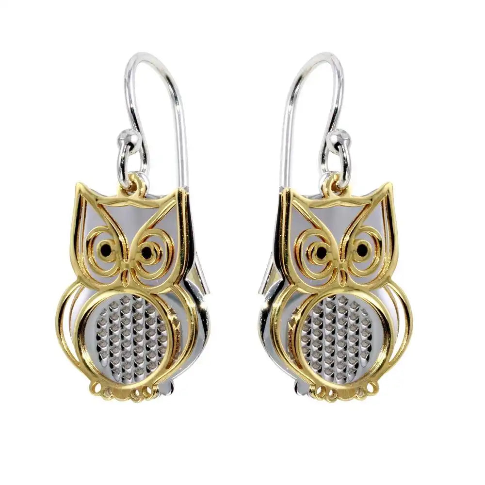 925 Sterling Silver Two-Tone Flat Owl Earrings