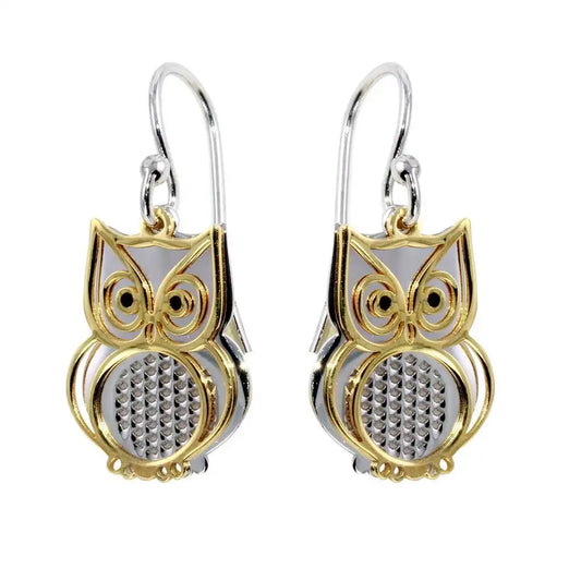 925 Sterling Silver Two-Tone Flat Owl Earrings