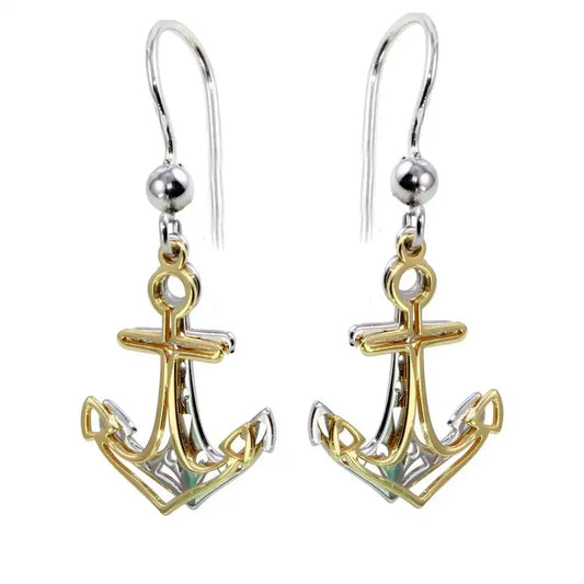 925 Sterling Silver Two-Tone Flat Anchor Earrings