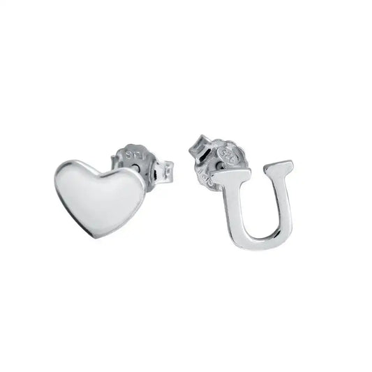 925 Sterling Silver Rhodium Plated Heart and U Earrings