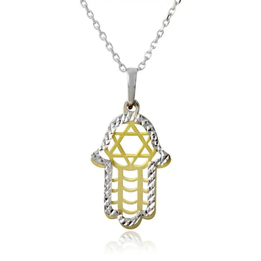 925 Sterling Silver Gold and Rhodium Plated Hamsa with Star of David Symbol Necklace