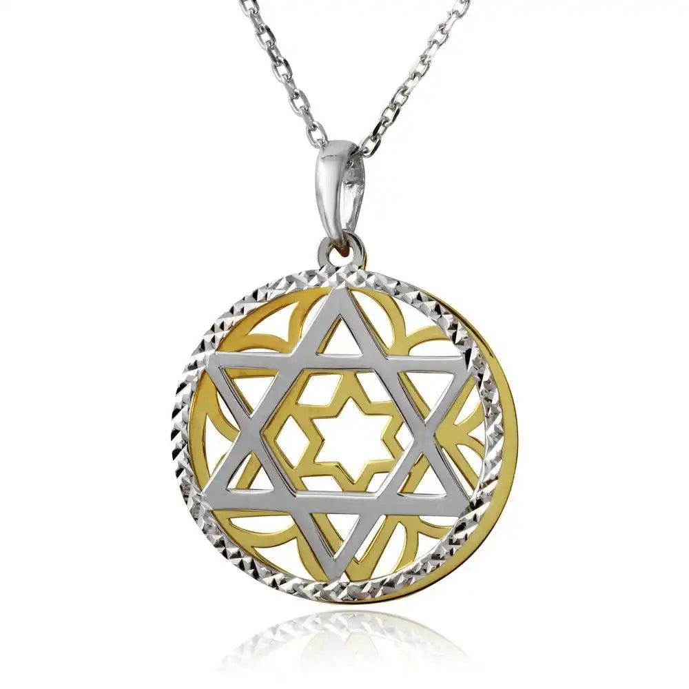 925 Sterling Silver Gold and Rhodium Plated Star of David Medallion Necklace