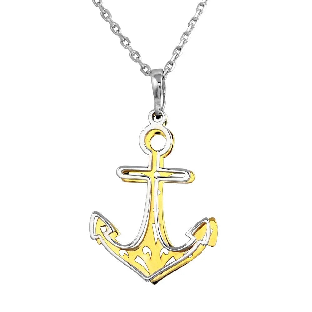 925 Sterling Silver Two-Tone Rhodium and Gold Plated Double Anchor Necklace