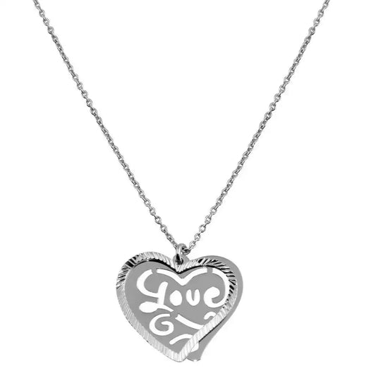 925 Sterling Silver Rhodium Plated Double Flat Heart Pendant with "Love" Design