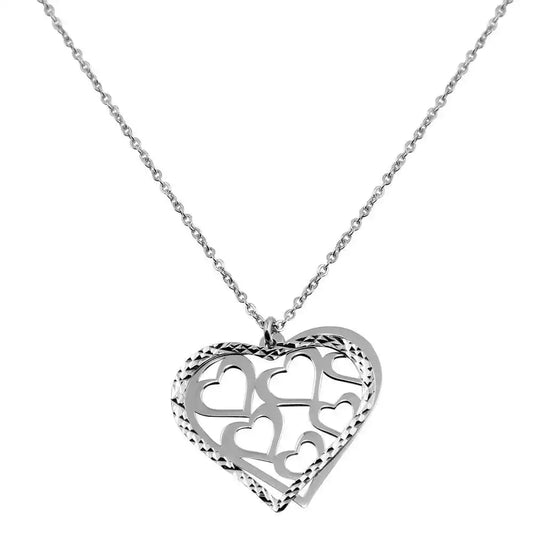 925 Sterling Silver Rhodium Plated Double Flat Open Heart Pendant with Multiple Hearts Design
