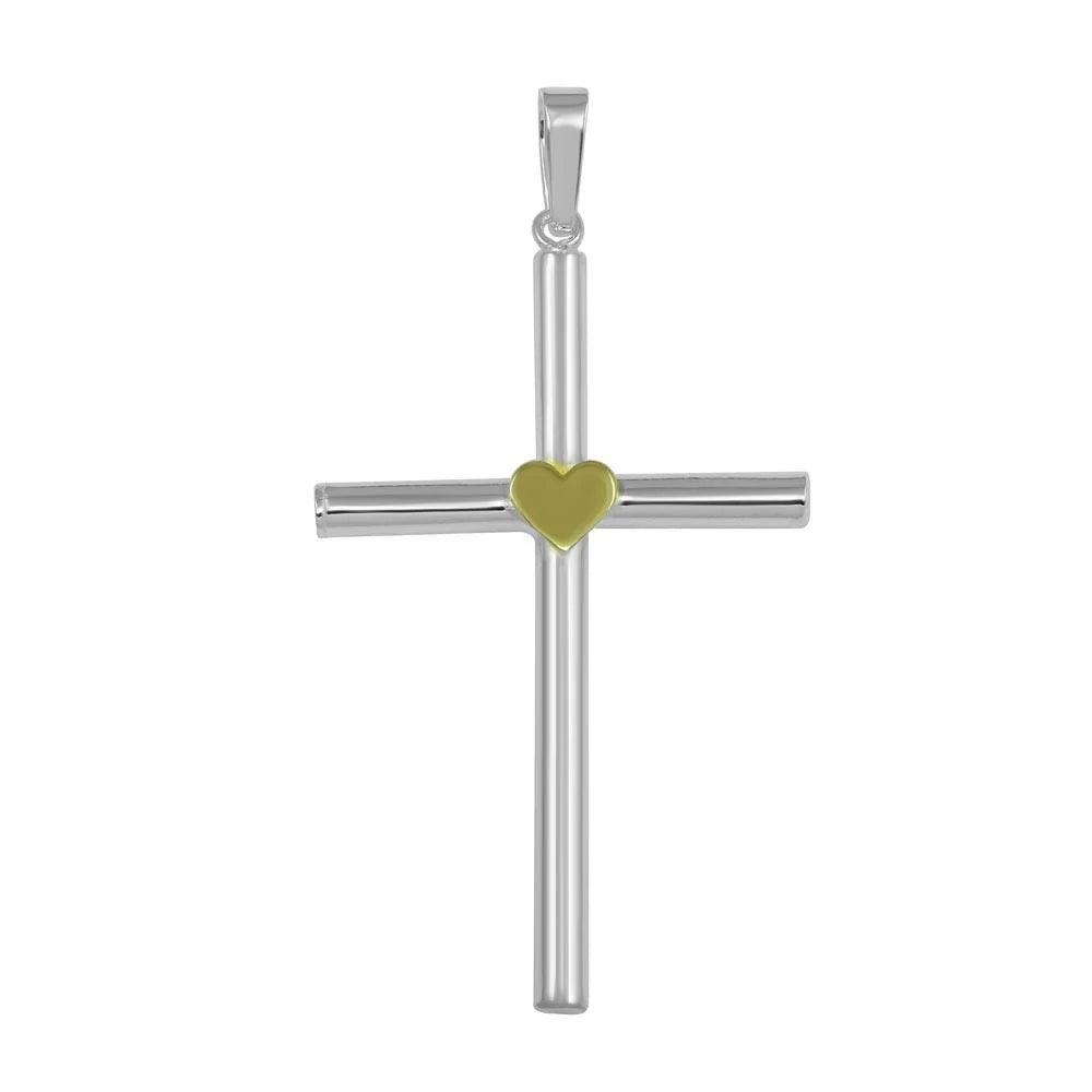925 Sterling Silver High Polished Large Cross Pendant with Gold Heart