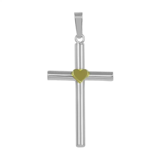 925 Sterling Silver High Polished Small Cross Pendant with Gold Heart