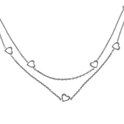 925 Sterling Silver Rhodium Plated Double Chain Hearts Necklace