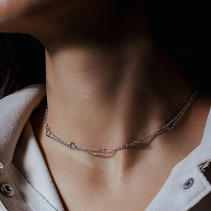 925 Sterling Silver Rhodium Plated Double Chain Hearts Necklace