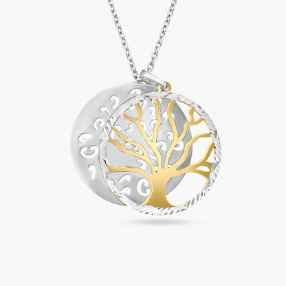 925 Sterling Silver Two-Tone Round Tree Pendant Necklace