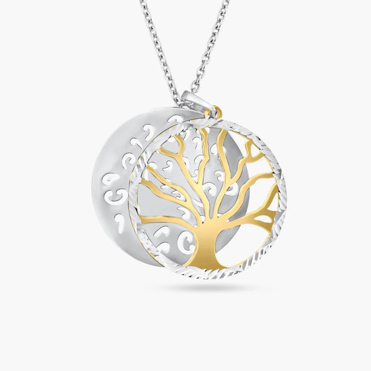 925 Sterling Silver Two-Tone Round Tree Pendant Necklace