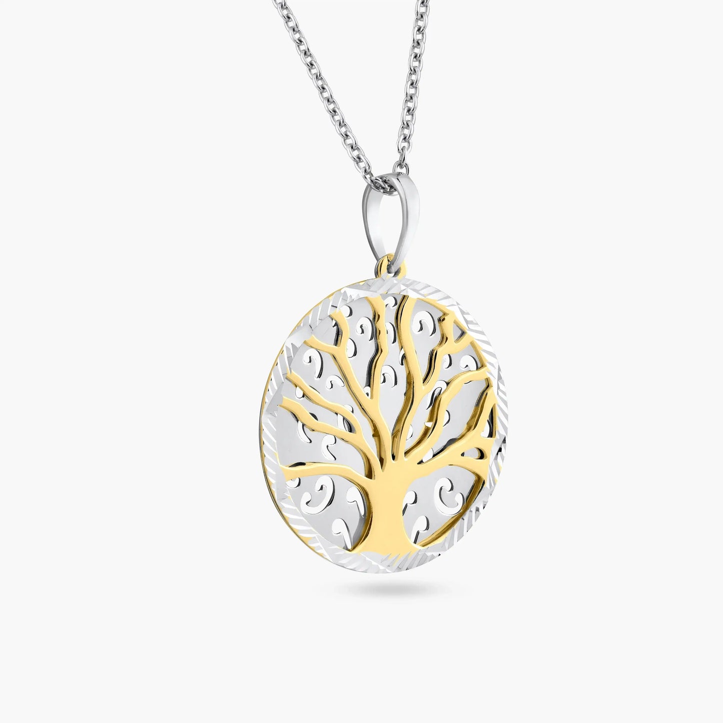925 Sterling Silver Two-Tone Round Tree Pendant Necklace